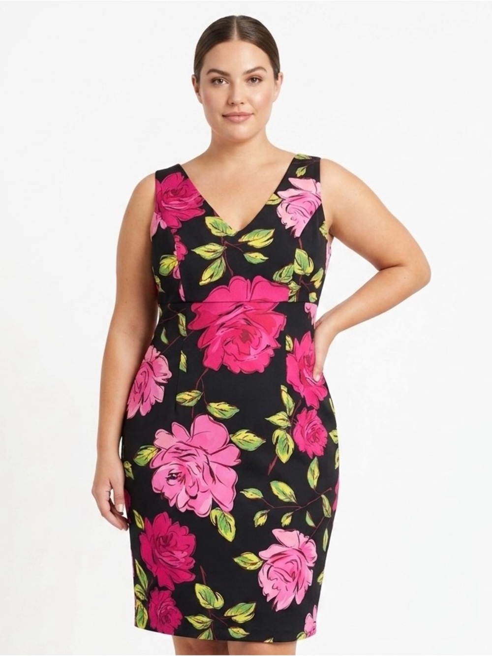 Amanda Smith Black Midi Dress with Pink Floral Print